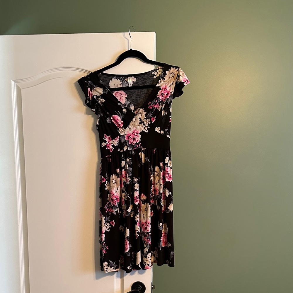 Emerald Black Floral Dress with Pink and Cream Roses